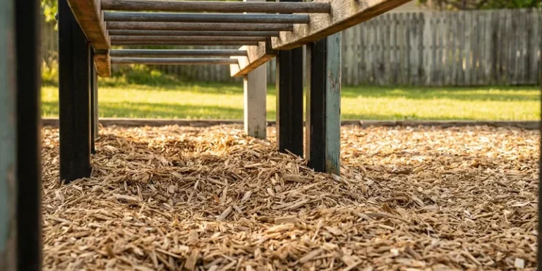 wood chips for playground: playground ground surfacing close-up under play equipment