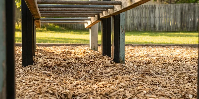 wood chips for playground: playground ground surfacing close-up under play equipment