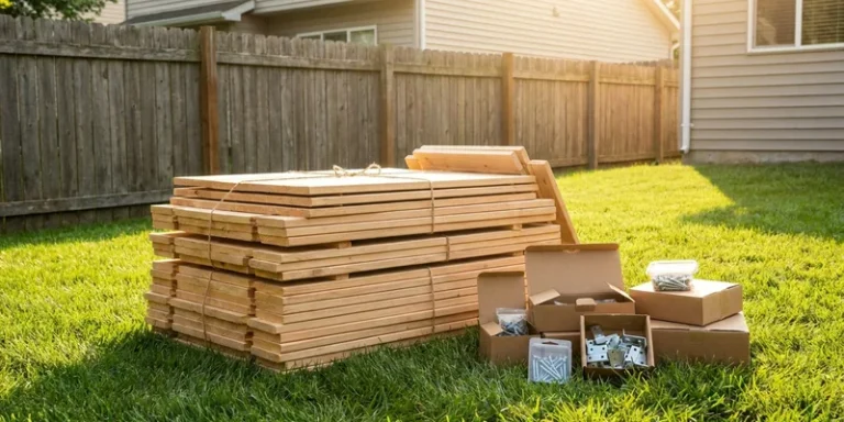 stack of pre-cut wooden playhouse panels and hardware on a lawn ready for assembly