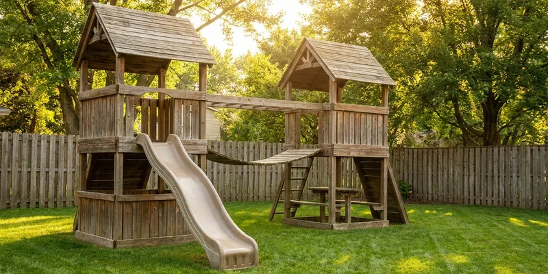 wooden playset with monkey bars