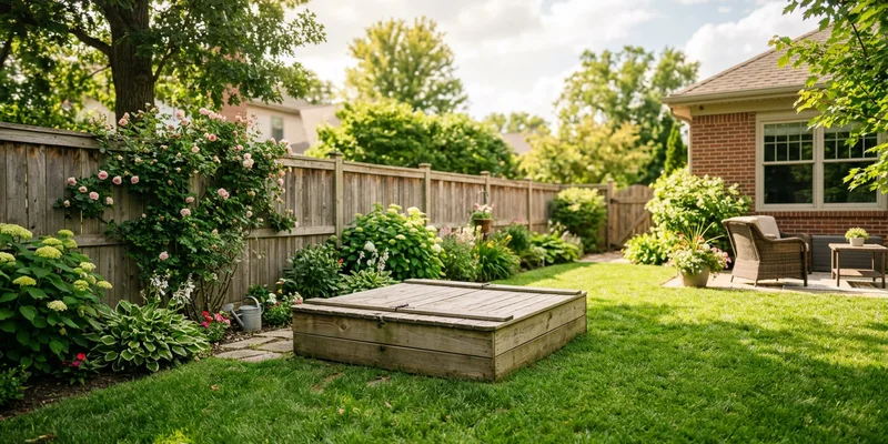 wooden sandbox with lid: kids sandbox in a backyard