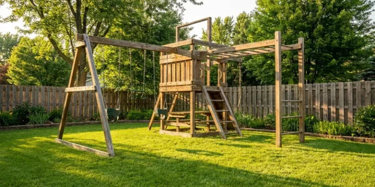 wooden swing set with monkey bars: wooden swing set detail in a backyard