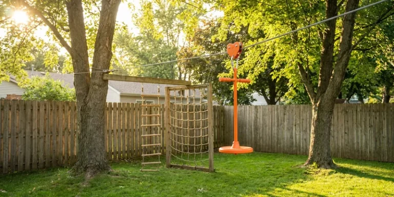 zip line kit for backyard: kids climbing equipment in a backyard